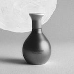 Black and white image of 'The Harmonist Moon Glory' perfume bottle with a textured moon-like background.